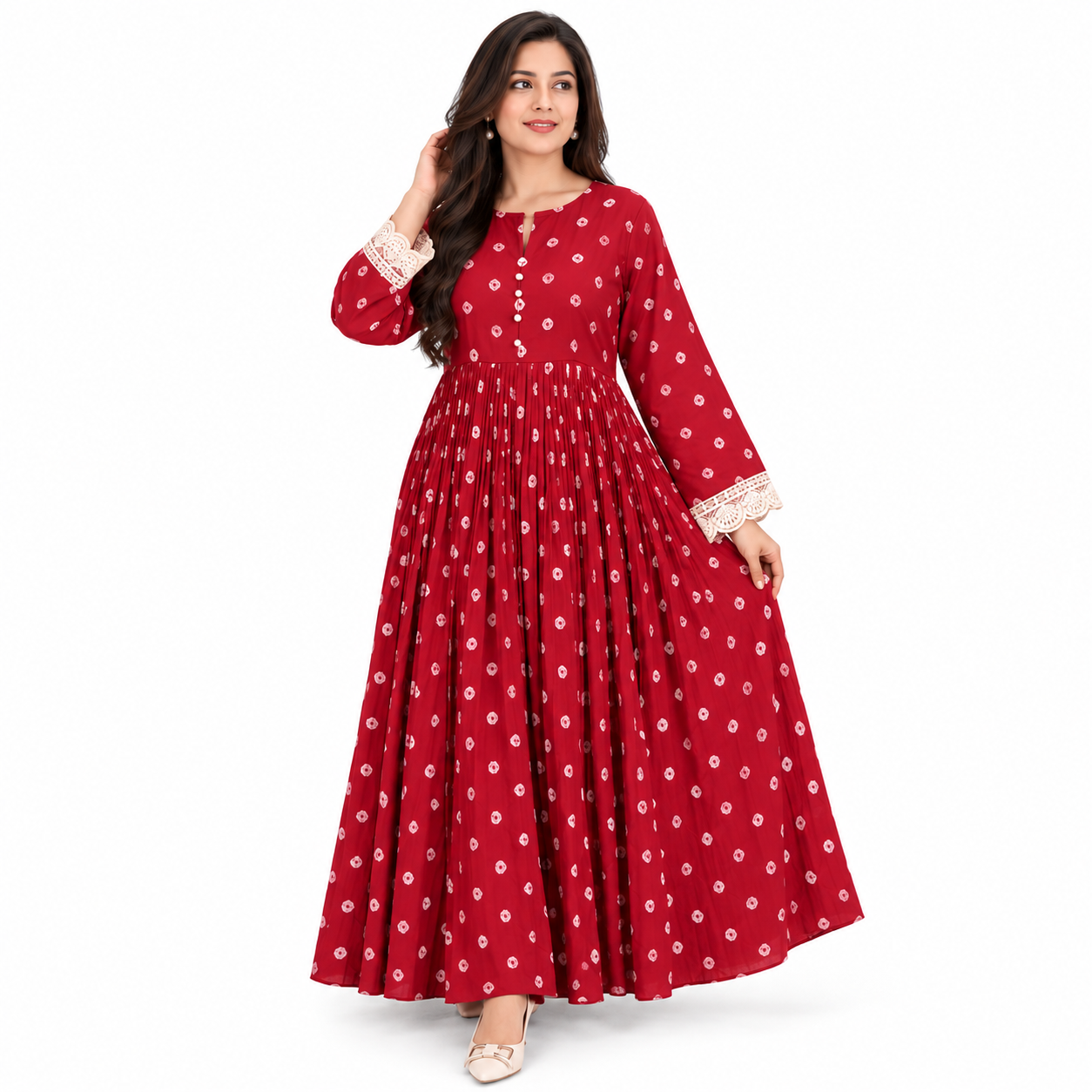 ChatGPT Image Sep 8, 2026, 03_51_08 PM Elegant Maroon Printed Pleated Gown with Lace Cuff - Image 1