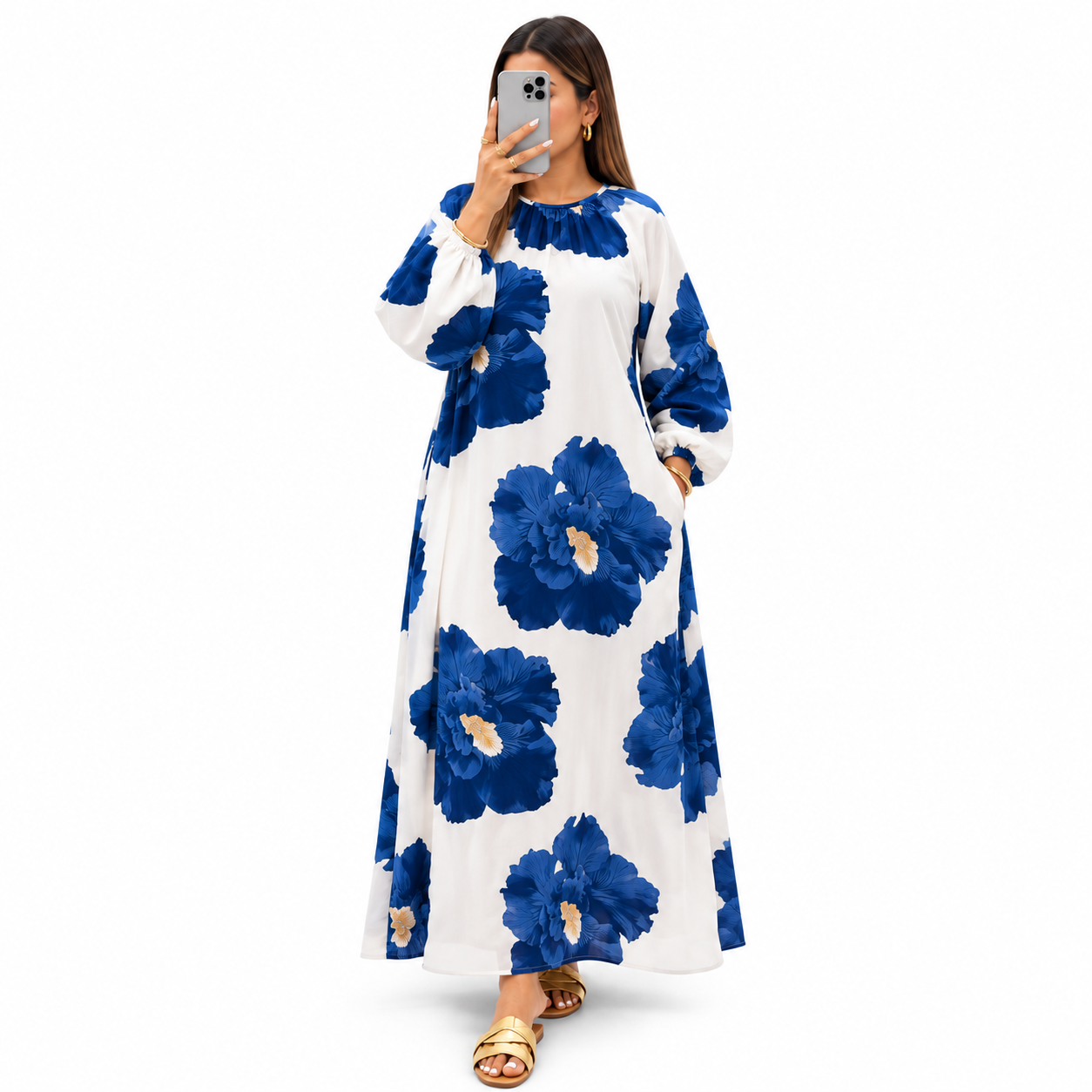 ChatGPT Image Sep 8, 2026, 04_07_45 PM Blue Floral Printed Long Gown - White & Navy Blue - Image 1